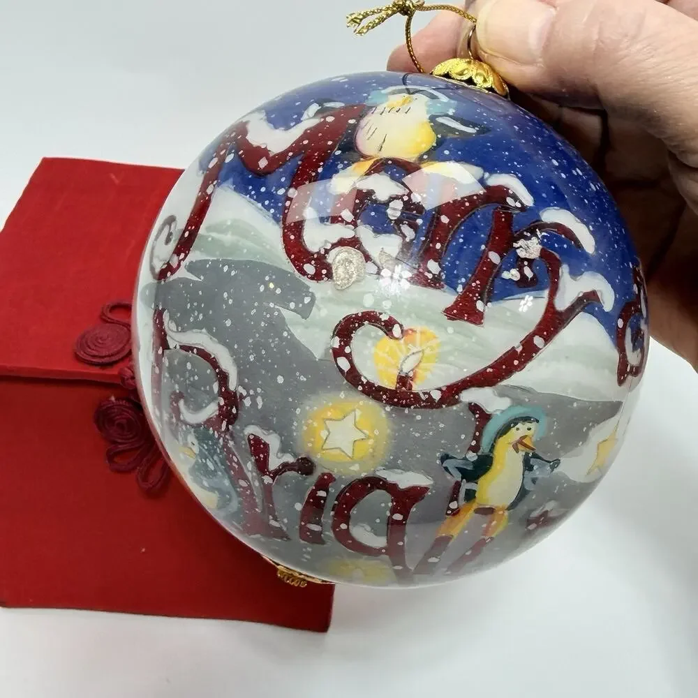 Pier 1 Li Bien Penguins Merry Bright Glass Christmas Ornament 4